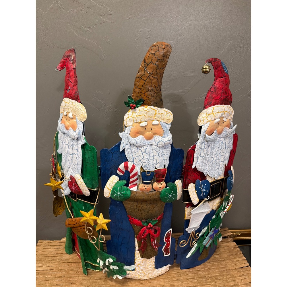 Vintage Style Metal Santa Claus Hinged Triptych Screen Christmas Decor 3-Panel